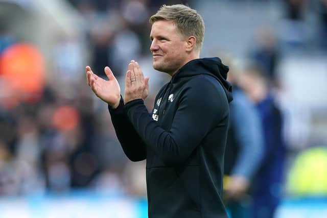 Newcastle United head coach Eddie Howe applauds fans earlier this season.