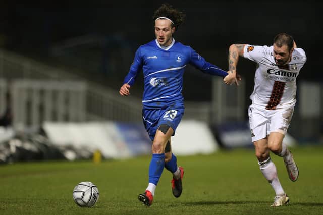 Jamie Sterry of Hartlepool United and ames Dunne of Barnet during the Vanarama National League match between Hartlepool United and Barnet at Victoria Park, Hartlepool on Saturday 27th February 2021. (Credit: Mark Fletcher | MI News)