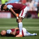 Tyrone Mings and Diego Carlos of Aston Villa react during the Premier League match between Aston Villa and Everton FC at Villa Park on August 13, 2022 in Birmingham, England. (Photo by Marc Atkins/Getty Images)