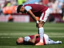 Tyrone Mings and Diego Carlos of Aston Villa react during the Premier League match between Aston Villa and Everton FC at Villa Park on August 13, 2022 in Birmingham, England. (Photo by Marc Atkins/Getty Images)