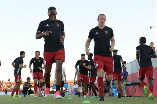 Peter Ramage, right, trains with Didier Drogba at Phoenix Rising in 2017.
