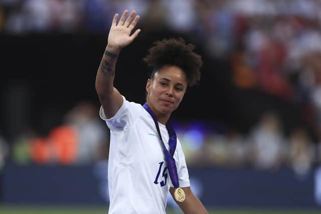 South Shields's Demi Stokes waves after the Women's Euro 2022 final.