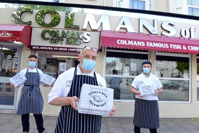 Colmans Fish and Chips on Ocean Road offer a delivery or click and collect service. Richard Ord (Snr) with sons Dominic and Richard (R).