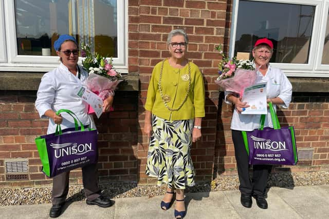 Teresa Stobbart (left), with new borough mayor, Councillor Pat Hay (centre), and Freda Young (right).