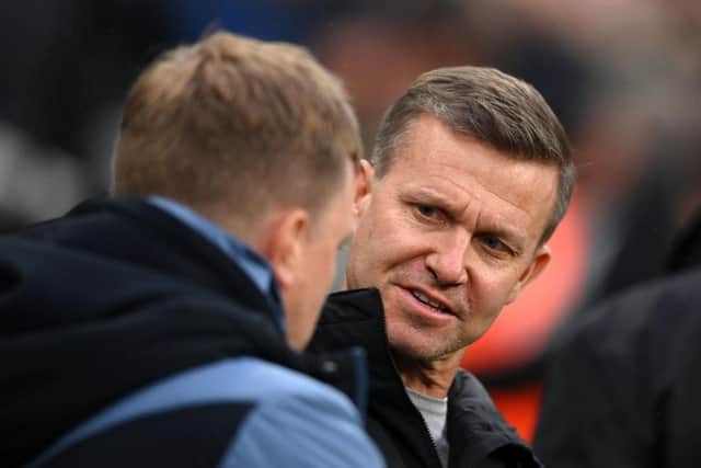 Leeds United head coach Jesse Marsch speaks to Eddie Howe, his Newcastle United counterpart, at St James's Park yesterday.