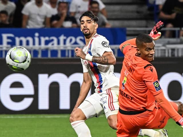 Lyons Brazilian midfielder Lucas Paqueta scores during the French L1 football match between Olympique Lyonnais (OL) and FC Nantes at The Groupama Stadium in Decines-Charpieu, central-eastern France on May 14, 2022. (Photo by OLIVIER CHASSIGNOLE / AFP) (Photo by OLIVIER CHASSIGNOLE/AFP via Getty Images)