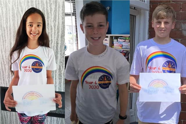 Harton Primary School Year Six pupils (left-right) Ruby Denholm, Reece Kimber and Daniel Allen with their rainbows.
