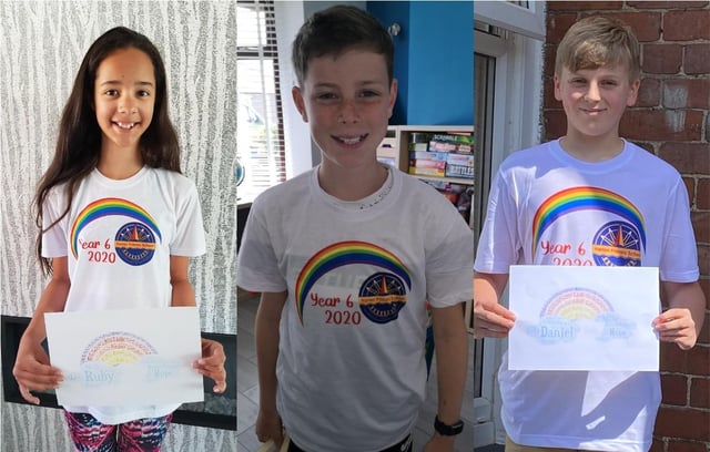 Harton Primary School Year Six pupils (left-right) Ruby Denholm, Reece Kimber and Daniel Allen with their rainbows.