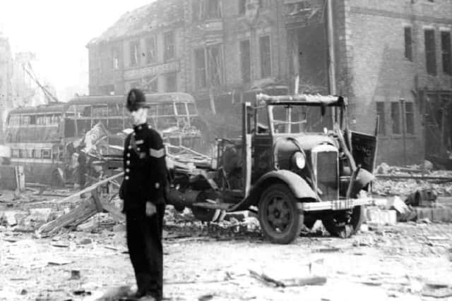 The damage caused by an air raid on the Market Place in South Shields.