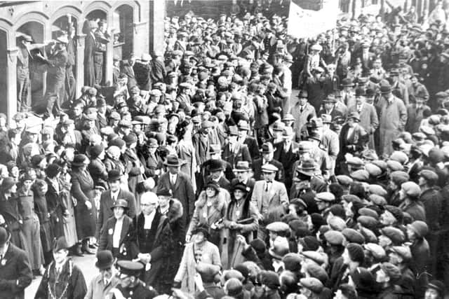 The Jarrow March sets off from the town hall on October 5, 1936.