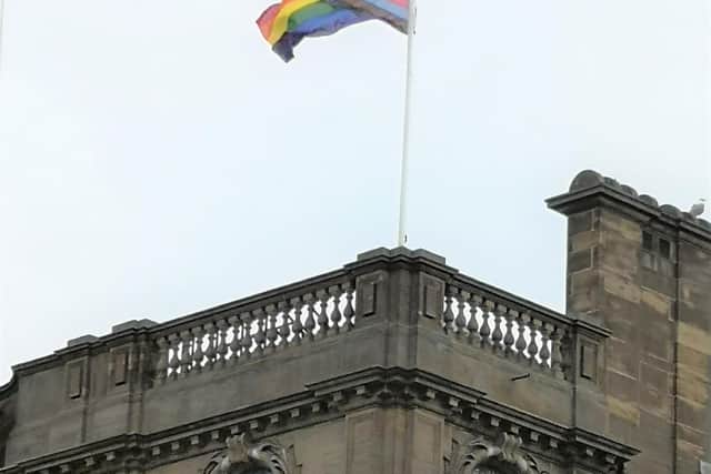 The  Progress Pride Flag flying above South Shields Town Hall.
