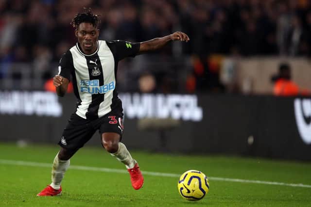 Christian Atsu of Newcastle United during the Premier League match between Wolverhampton Wanderers and Newcastle United at Molineux on January 11, 2020 in Wolverhampton, United Kingdom.