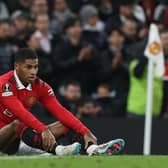 Manchester United's Marcus Rashford goes down during the Barcelona game.