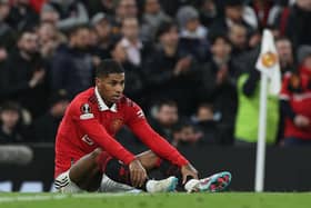 Manchester United's Marcus Rashford goes down during the Barcelona game.