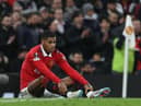 Manchester United's Marcus Rashford goes down during the Barcelona game.
