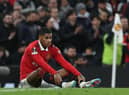 Manchester United's Marcus Rashford goes down during the Barcelona game.