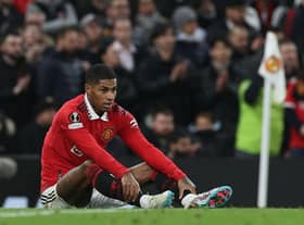 Manchester United's Marcus Rashford goes down during the Barcelona game.