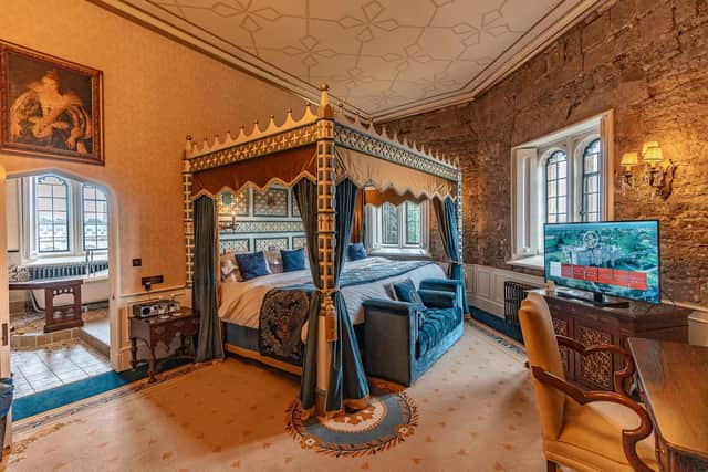 A four-poster bed takes centre stage in one of the impressive bedchambers at Thornbury Castle.