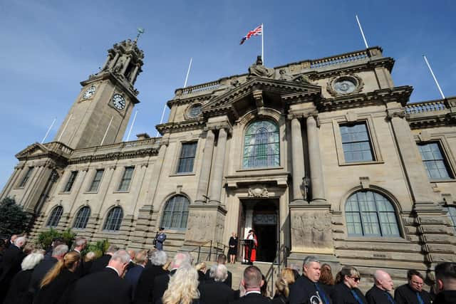 Mayor of South Tyneside Cllr Pat Hay, making the proclamation of King Charles III, on the steps of South Shields Town Hall.