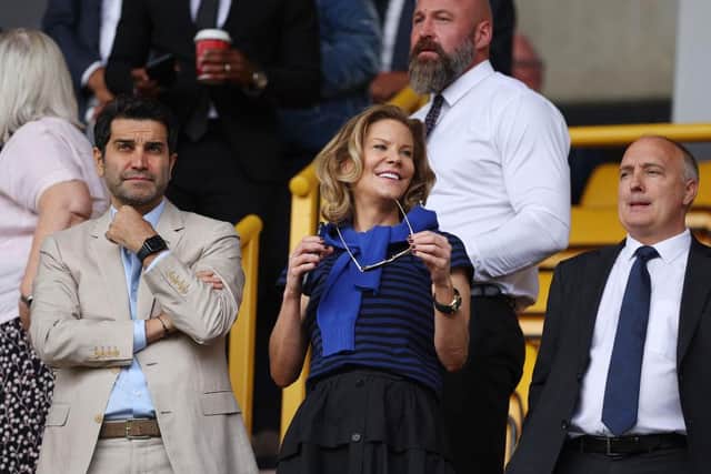 WOLVERHAMPTON, ENGLAND - AUGUST 28: Newcastle United co-owners Mehrdad Ghodoussi and Amanda Staveley with chief executive officer Darren Eales.