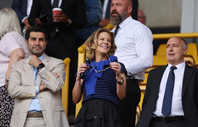 WOLVERHAMPTON, ENGLAND - AUGUST 28: Newcastle United co-owners Mehrdad Ghodoussi and Amanda Staveley with chief executive officer Darren Eales.