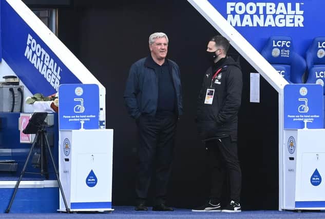 Steve Bruce, Manager of Newcastle United looks on prior to the Premier League match between Leicester City and Newcastle United at The King Power Stadium on May 07, 2021 in Leicester, England.