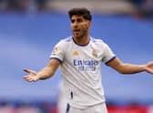 Marco Asensio of Real Madrid reacts during the LaLiga Santander match between Real Madrid CF and RCD Espanyol at Estadio Santiago Bernabeu on April 30, 2022 in Madrid, Spain. (Photo by Gonzalo Arroyo Moreno/Getty Images)
