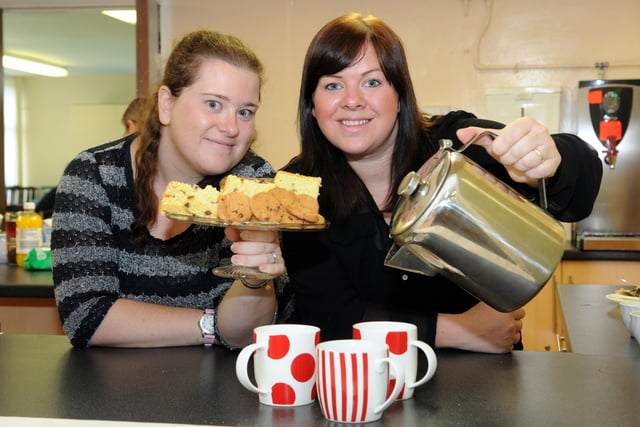 Laura Sutton, right, and Rachel Graham prepare for their MacMillan Cancer Coffee Morning at Hartleyburn Community Centre 8 years ago.