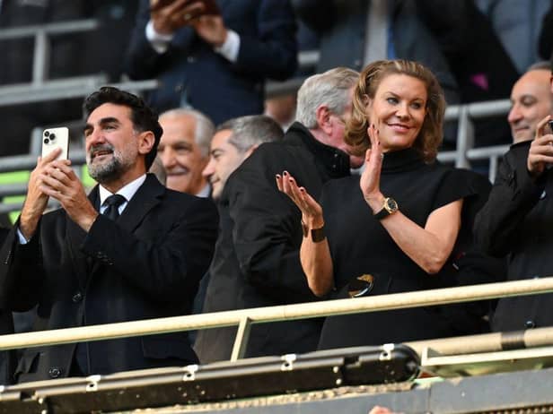 Manchester United's Ivorian midfielder Newcastle United's English minority owner Amanda Staveley (C) applauds the players ahead of the English League Cup final football match between Manchester United and Newcastle United at Wembley Stadium, north-west London on February 26, 2023. (Photo by Glyn KIRK / AFP)