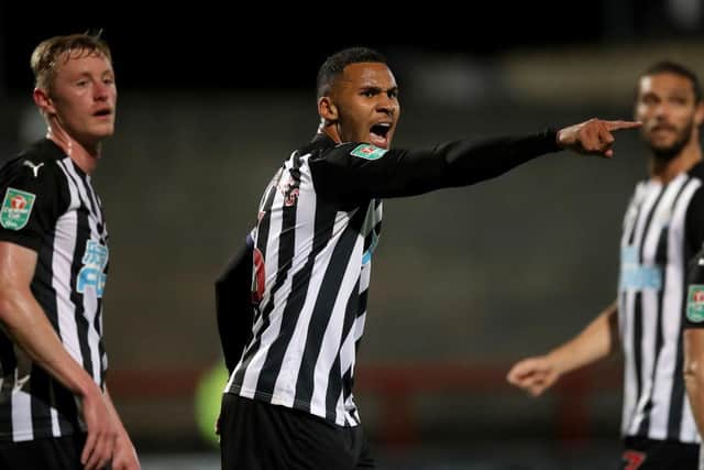 MORECAMBE, ENGLAND - SEPTEMBER 23: Jamaal Lascelles of Newcastle United reacts during the Carabao Cup third round match between Morecambe and Newcastle United at Globe Arena on September 23, 2020 in Morecambe, England.