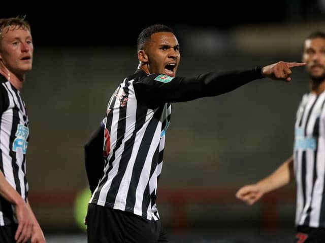 MORECAMBE, ENGLAND - SEPTEMBER 23: Jamaal Lascelles of Newcastle United reacts during the Carabao Cup third round match between Morecambe and Newcastle United at Globe Arena on September 23, 2020 in Morecambe, England.