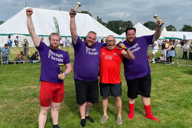 Bradley Wall, Michael Scott, coach Chris Hetherington and Stuart Robertson celebrate their success at Wolsingham Show