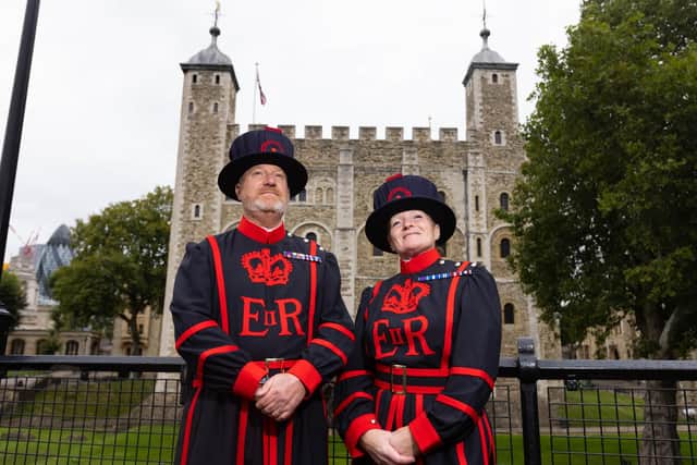 Emma Rousell, from Derby, and Paul Langley, from South Shields, become the newest Yeoman Warders at the Tower of London.