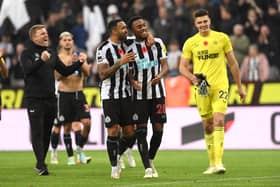 Callum Wilson and goalscorer Joe Willock share a joke as they celebrate Newcastle United's win over Chelsea.