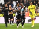Callum Wilson and goalscorer Joe Willock share a joke as they celebrate Newcastle United's win over Chelsea.