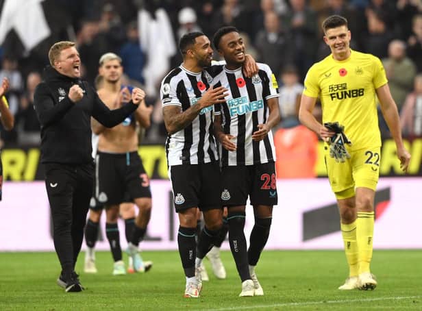 Callum Wilson and goalscorer Joe Willock share a joke as they celebrate Newcastle United's win over Chelsea.