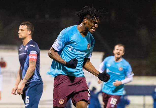 Armand Gnanduillet celebrates a great debut for Hearts. (Photo by Ross Parker / SNS Group)