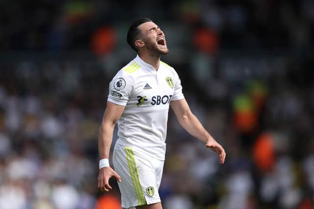 Jack Harrison of Leeds United reacts during the Premier League match between Leeds United and Brighton & Hove Albion at Elland Road on May 15, 2022 in Leeds, England. (Photo by George Wood/Getty Images)