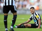 Newcastle United's Brazilian midfielder Bruno Guimaraes (R) reacts after being fouled during the English Premier League football match between Newcastle United and AFC Bournemouth at St James' Park in Newcastle-upon-Tyne, north east England on September 17, 2022. (Photo by LINDSEY PARNABY/AFP via Getty Images)