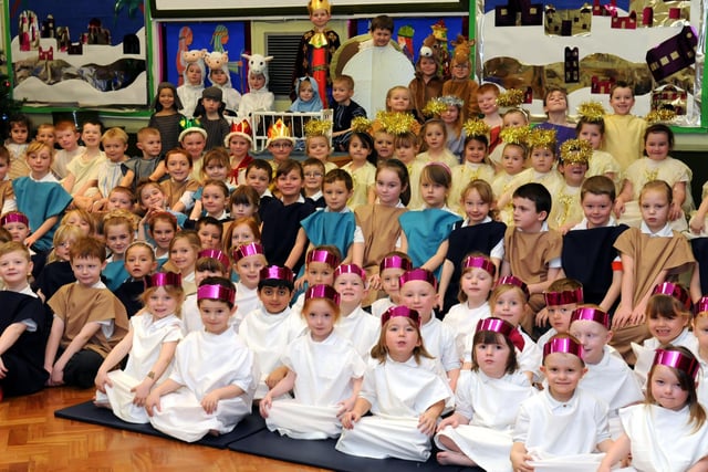 The cast of the 2012 infants production. The Nativity was called The Bossy King that year.