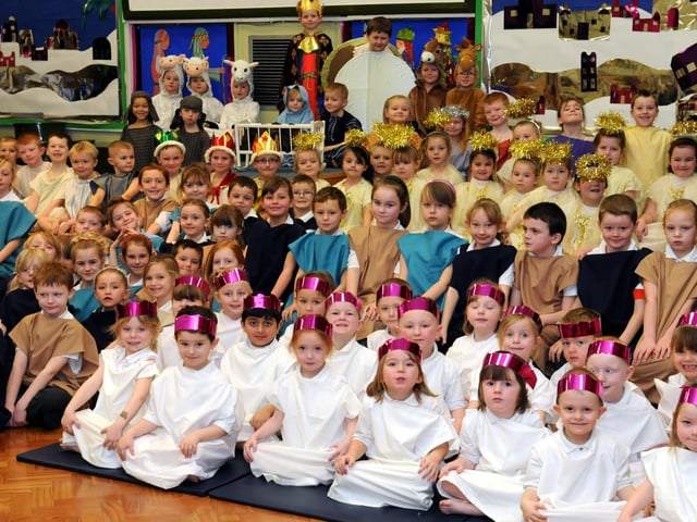 The cast of the 2012 infants production. The Nativity was called The Bossy King that year.