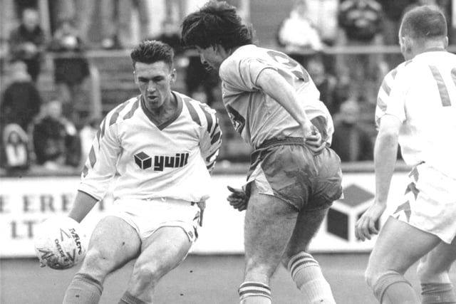 Keith Nobbs on the ball for Pools in a 1991 match against Halifax.