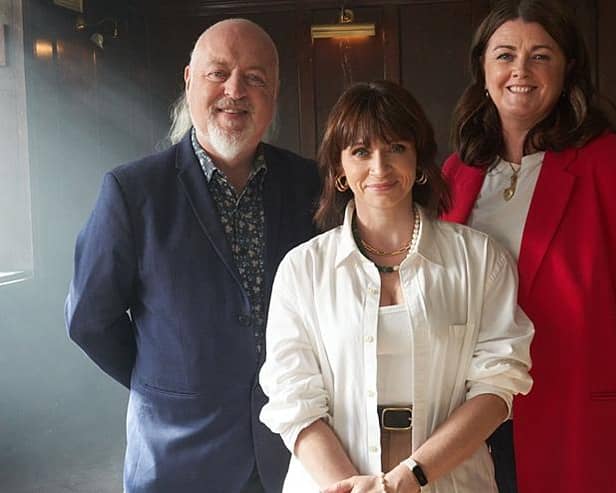 Bring The Drama host Bill Bailey with guest mentor Charlene McKenna (centre) - from Peaky Blinders - and casting director Kelly Valentine Hendry (Picture: BBC/Wall to Wall Productions/Dave King)