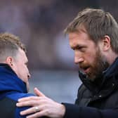 Eddie Howe, Manager of Newcastle United embraces Graham Potter, Manager of Brighton & Hove Albion prior to the Premier League match between Newcastle United and Brighton & Hove Albion at St. James Park on March 05, 2022 in Newcastle upon Tyne, England. (Photo by Stu Forster/Getty Images)