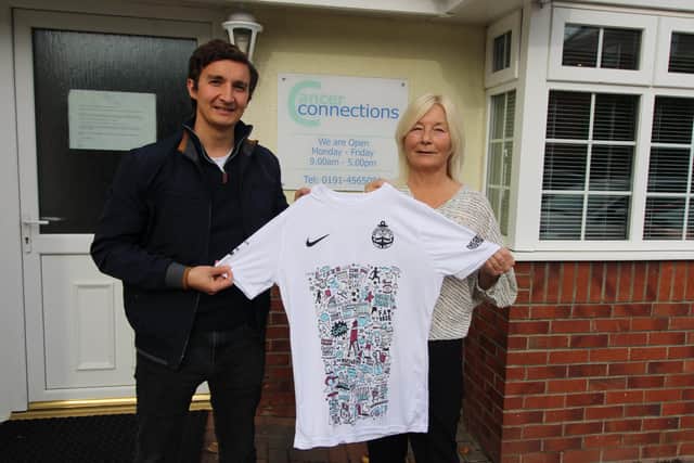 South Shields FC director of business development and partnerships Jamie Williams with Cancer Connections' Deborah Roberts