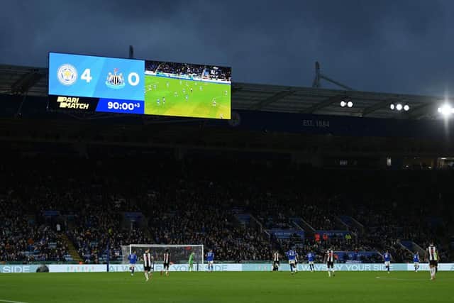 A general view inside the stadium as the LED screen displays the score line as 4-0 during the Premier League match between Leicester City and Newcastle United at The King Power Stadium on December 12, 2021 in Leicester, England. (Photo by Gareth Copley/Getty Images)