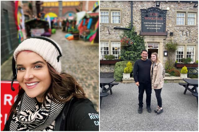 Katie on the Coronation Street set and outside Emmerdale's Woolpack Inn with dad Gary