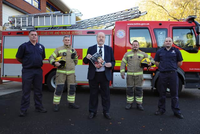 South Tyneside Council Cllr Jim Foreman with Green Watch crew from South Shields Fire Station, left to right, Steven Bewick, Peter Wilson, Paull Benson, and David Horn.