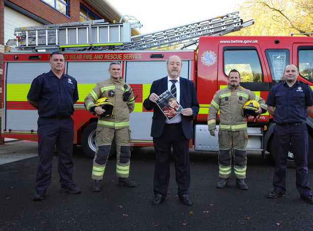 South Tyneside Council Cllr Jim Foreman with Green Watch crew from South Shields Fire Station, left to right, Steven Bewick, Peter Wilson, Paull Benson, and David Horn.