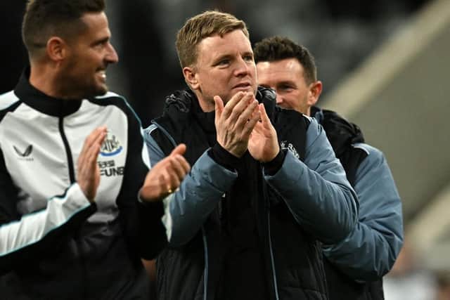 Eddie Howe applauds fans after Newcastle United's Carabao Cup win over Leicester City this month.